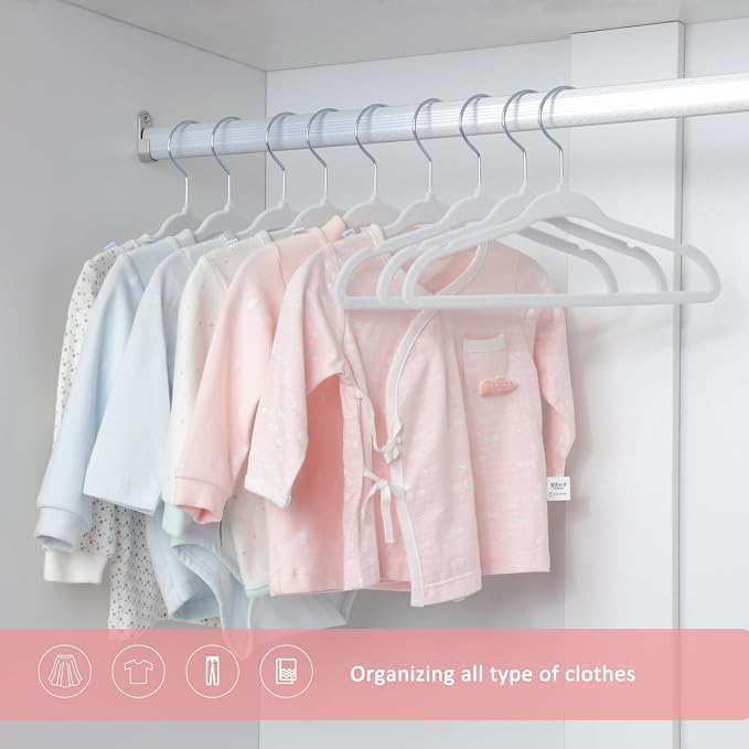 ManGotree 11" Baby Velvet Hangers, Non-Slip Kids Coat Hangers with 360° Swivel Hook, Ultra-Thin Felt Children's Hanger for Infant & Toddler Clothes, 66 Pack (White) - Image 2