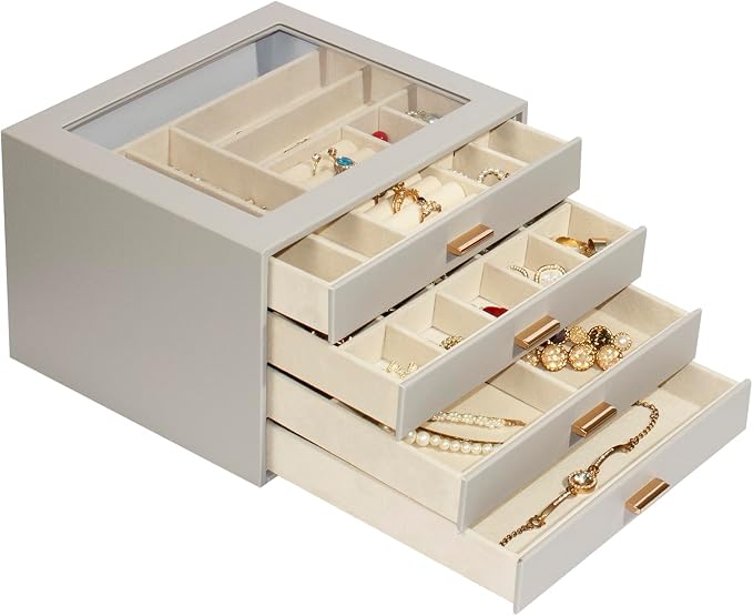Jewelry Box with Glass Lid, 4-Layer Jewelry Organizer for Women Girls, PU Leather Display Case with 20-Grid Earring Tray & Movable Dividers for Necklaces Rings,Grey - Image 7