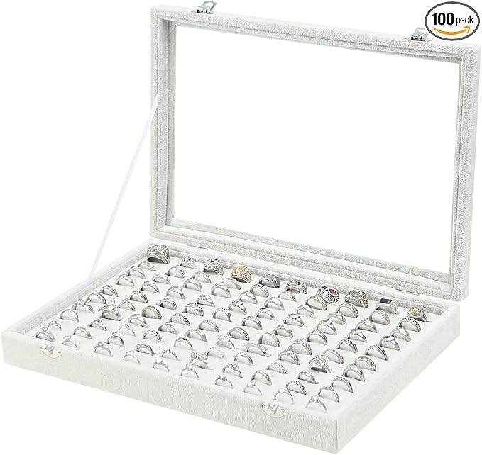 Coward Ring Organizer Jewelry Tray Box, Grey Beige Velvet 100 Slots Ring Display Tray Case with Transparent Glass Lid for Home Use or Store Selling Show by FocusOnJewelryDisplay15yrs