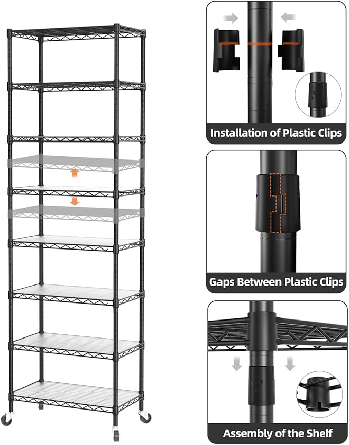 SINGAYE 8 Tier Shelf Organizer Storage Metal Shelves Garage Wire Shelving Unit Pantry Rack Adjustable Standing Storage for Kitchen Closet Laundry Bathroom Pantry 12" D x 22" W x 74" H Black - Image 6