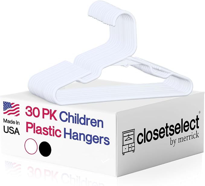 Closetselect Childrens Hangers 30 Pack - 11.75 Inch Plastic Kids Hangers for Closet, Baby Hangers for Children Clothes Sizes 0 to 8, Non-Slip Infant Hangers with Shoulder Grooves, Made in USA | White by closetselect