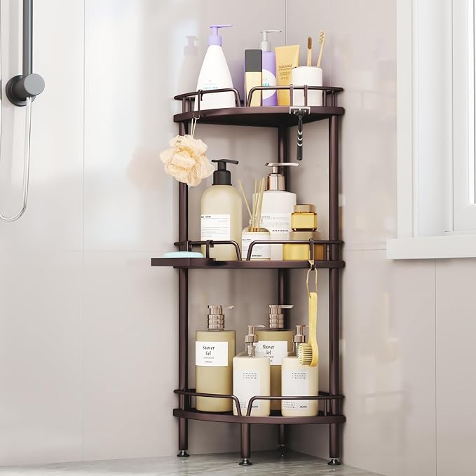 Consumest Corner Shower Caddy Stand - 3 Tier Shower Organizer with Soap Holder, Tall Floor Corner Shelves Standing with Adjustable Feet & 4 Hooks, Storage Rack for Bathroom, Bronze by Consumest
