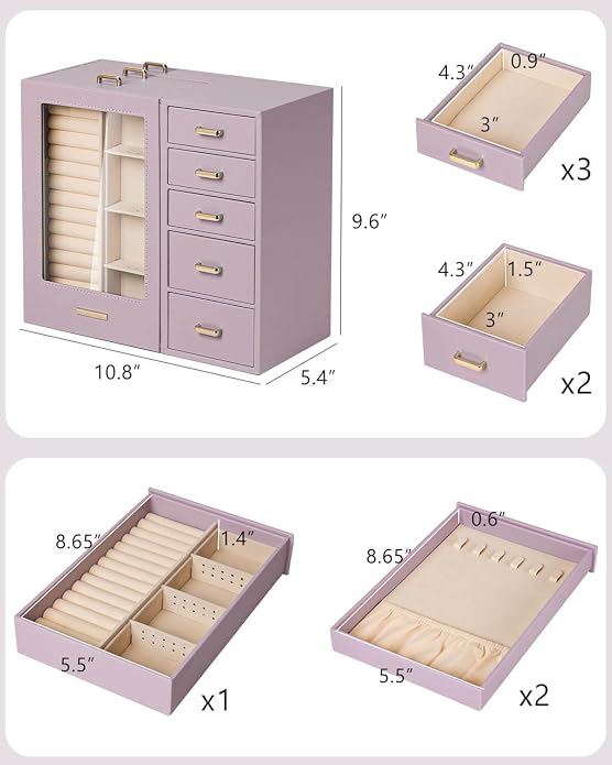 Homde Large Jewelry Box/Organizer/Case with Glass Window, Drawers for Necklaces Earrings Rings Bracelets Watches Gift for Women Girls - Image 6