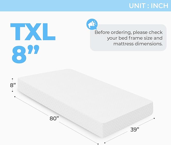 Neo Sleep 8 Inch Twin XL Cooling Green Tea Gel Memory Foam Medium-Firm Mattress Pressure Relief CertiPUR-US Certified Foam-in-a-Box Kids and Adults No Fiberglass (Twin XL, 8 in)