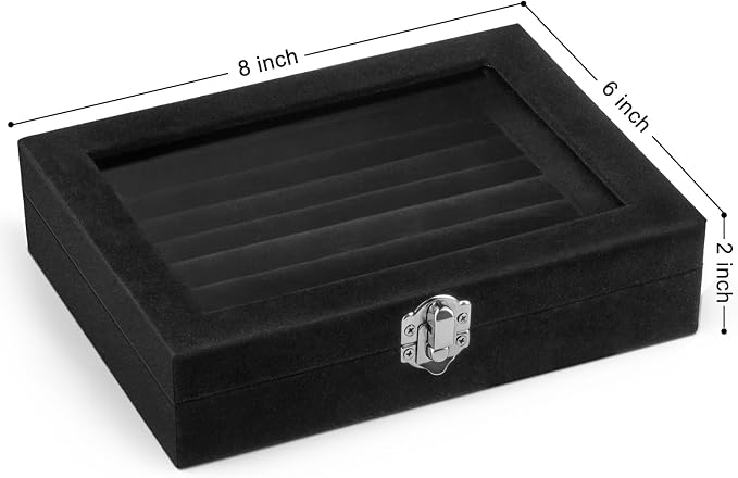 Velvet Ring Organizer Box, 7 Slots Jewelry Holder with Glass Lid Earring Display Tray Storage Case Gift for Women and Girls (Black) - Image 2