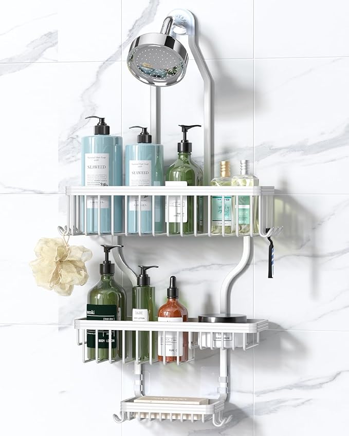 YASONIC Never-Rust Aluminum Hanging Shower Caddy – Over-the-Showerhead Organizer with 10 Hooks for Razor and Sponge – Includes Soap Basket – White by YASONIC