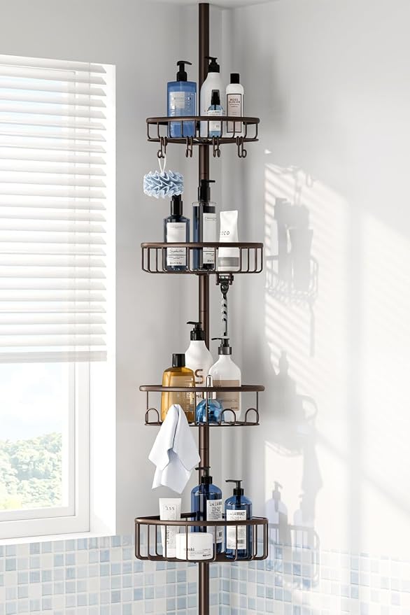 Corner Shower Caddy Tension Pole: Stainless Steel Rustproof 4-Tier Shower Organizer - 47-121 inch Adjustable Bathroom Shelves for Bathtub Shampoo Storage - Tension Rod Floor Standing Bath Rack -Bronze by ESSEMELLC