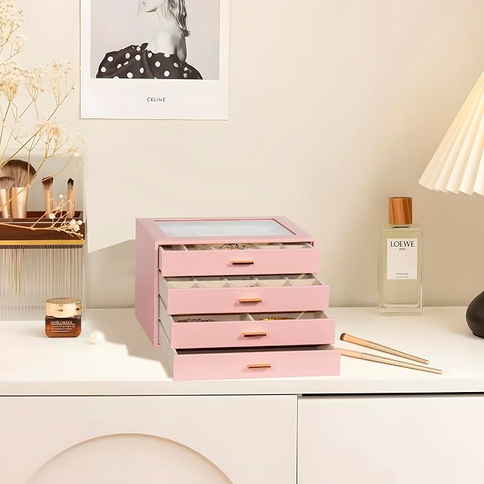 Jewelry Box with Glass Lid, 4-Layer Jewelry Organizer for Women Girls, PU Leather Display Case with 20-Grid Earring Tray & Movable Dividers for Necklaces Rings,Pink - Image 2