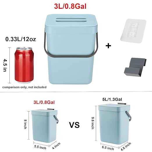 LALASTAR Compost Bin Kitchen, Small Compost Bin for Kitchen, Countertop Compost Bucket with Lid, Odorless Hanging Trash Can for RV/Office/Dog, Mini Food Waste Bin for Countertop, 3L/0.8 Gal, Blue - Image 4