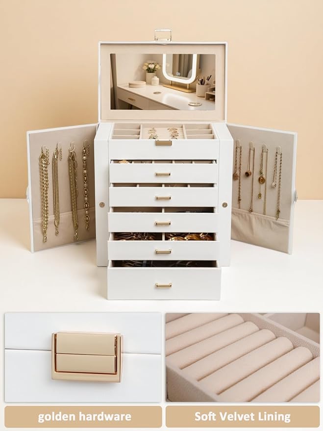 BOOVO Jewelry Box For women, 6 Layer Large Jewelry Organizer With Mirror, Multi-Function Storage Box With Lock, Necklace Holder With 5 Drawers, For Earrings Necklace Bracelet (White and Gold) - Image 2