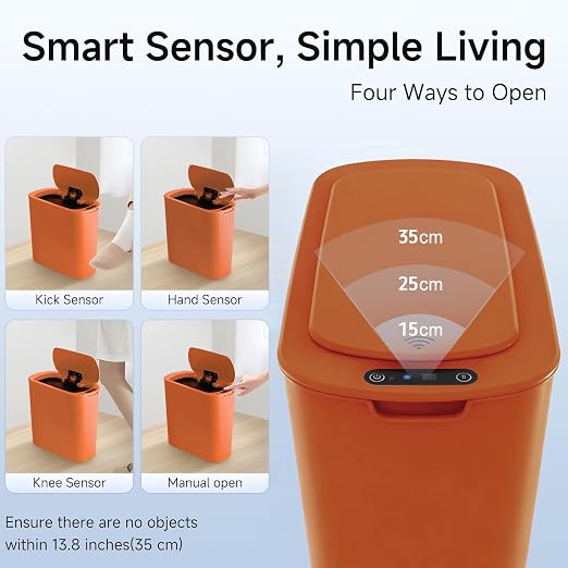 TIPGO Automatic Motion Sensor Bathroom Trash Can with Lid, 2.6 Gallon Touchless Trash Bin, Smart Garbage Can Plastic Slim Wastebasket for Bedroom, Office, Dorm (Orange) - Image 5