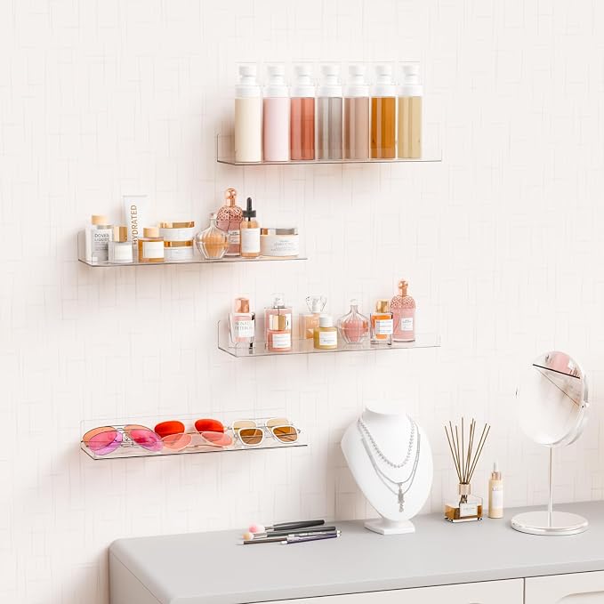 Yieach 2 Pack 15" Acrylic Shelves for Wall,Bathroom,Bedroom - with Adhesive - No Drilling Clear Floating Shelves for Funko Pop,Lego,Action Figures,Nail Polish,Perfume Shelf and Wall Storage & Display - Image 7