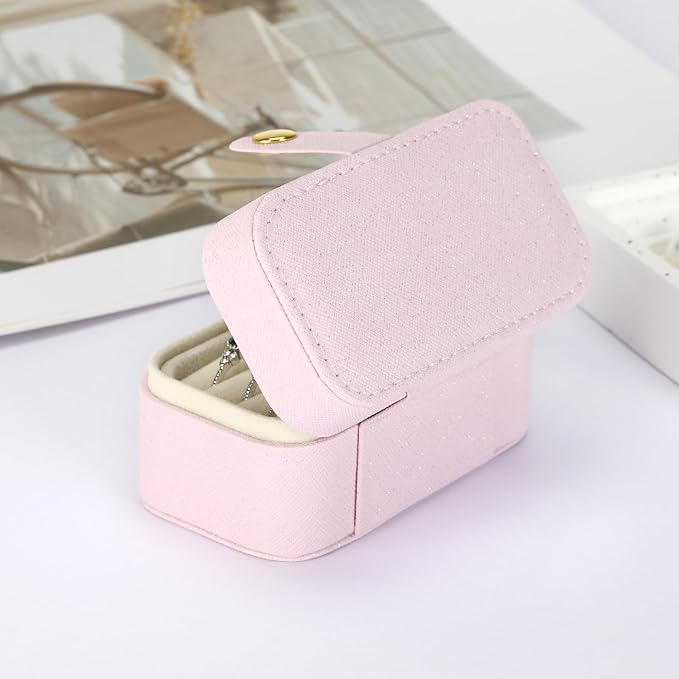 KUKUVR Small Travel Jewelry Box, Mini Jewelry Holder for Multiple Rings Necklace Earrings Lipstick, Portable Jewelry Storage Organizer Case with Removable Ring Slot (PINK) - Image 4