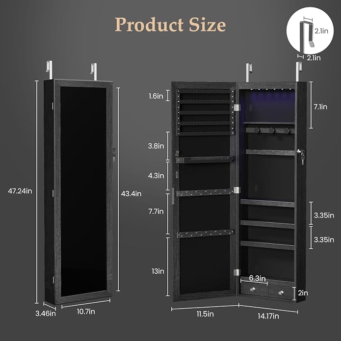 DUMOS 6 LEDs Mirror Jewelry Cabinet, Wall or Door Mounted Jewelry Organizer, 47.2-Inch Tall Lockable Large Capacity Cosmetic Storage, Gift Idea - Image 2
