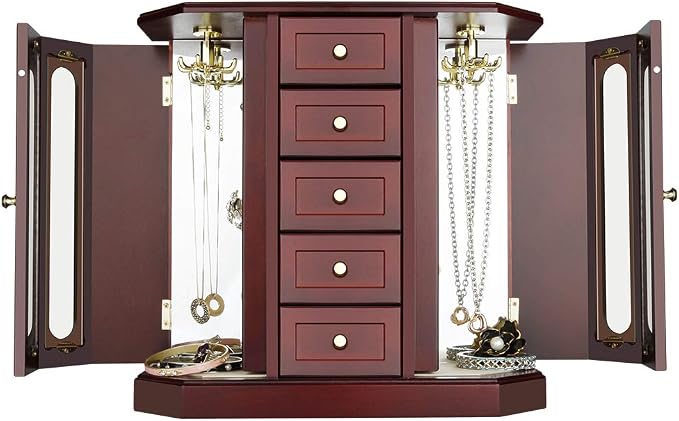 RR ROUND RICH DESIGN Jewelry Box - Made of Solid Wood with Cabinet Type 5 Drawers Organizer and 2 Separated Open Doors on 2 Sides and Large Mirror Brown - Image 3