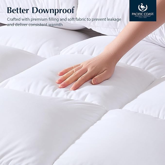 Pacific Coast Luxury White Goose Feather Down Fiber Comforter Queen Size, All Season Hotel Collection Duvet Insert, Ultra Soft, Breathable Bedding Comforter with 8 Corner Tabs, 90x90 Inch White