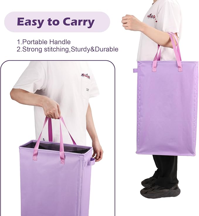 Odonata Slim Laundry Hamper Handles Collapsible Laundry Basket Thin Dirty Clothes Basket Narrow Laundry Bag Foldable Dirty Hamper 45L (Light Purple) - Image 6