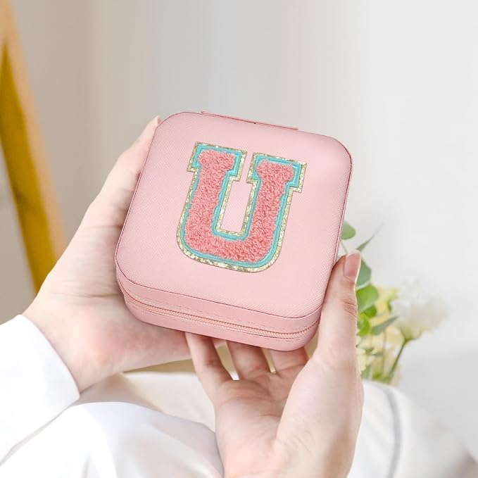 SANDJEST Personalized Jewelry Box, Pink Travel Jewelry Box with Initial U, Small Monogrammed Jewelry Case Organizer for Girls Women Teen Kids, Mini Travel Essentials Gifts for Birthday Christmas - Image 6