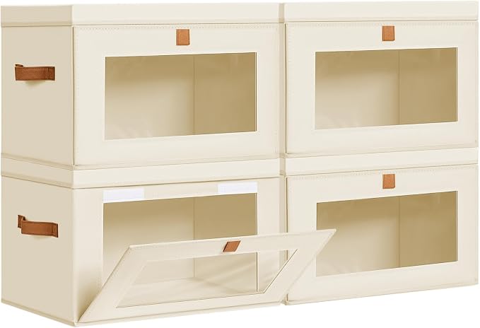 DIMJ Storage Bins with Lids - 4 Pack Large Fabric Closet Organizer with Window & Handles, Collapsible Decorative Storage Boxes for Shelves Under Bed, Books Clothes Blankets Sweaters Organization by DiMJ