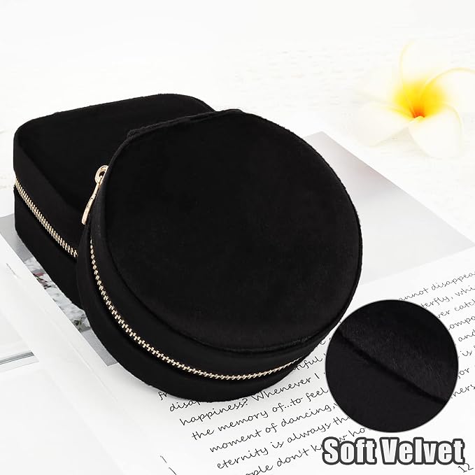 DesignSter Travel Jewelry Box - Velvet Mini Jewelry Organizer, Small Jewelry Case for Girls Women, Jewelry Storage Box for Rings Earrings Necklace (Circular, Black) - Image 5