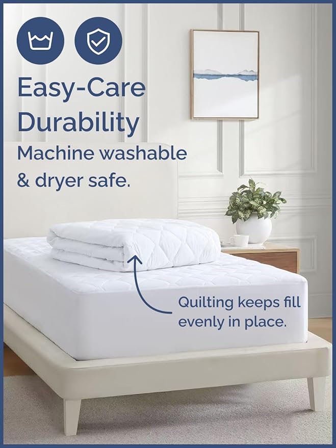 Quilted Fitted Mattress Pad Protector Twin XL Size - Elastic Fitted Mattress Topper & Cover - Breathable, Soft, Low Profile Top Cover with 8-16 Inch Deep Pockets - Easy-Fit & Machine Washable - White