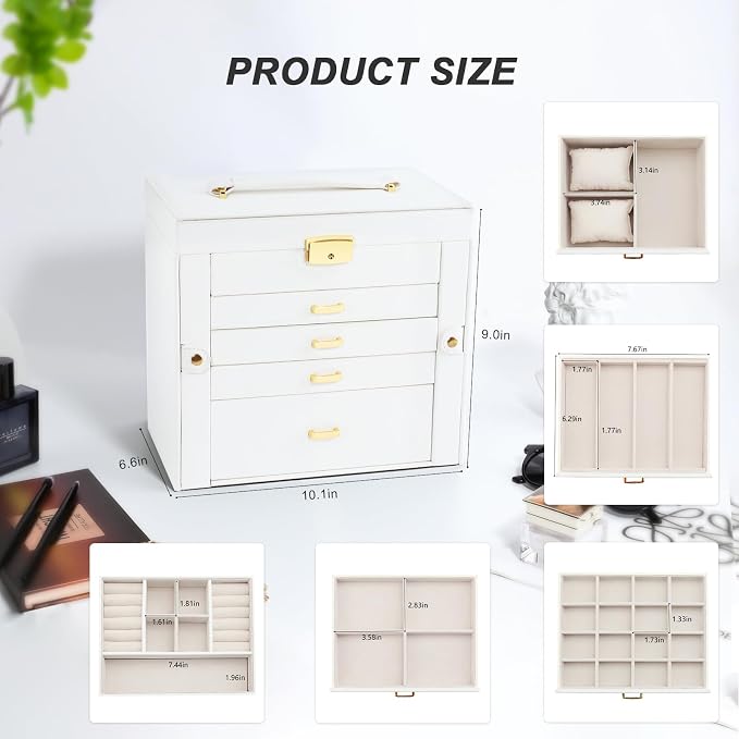 Jewelry Box for Women, 5-Layer Jewelry Organizers Box, Large Jewelry Storage Box for Girls, Jewelry Holder Organizers Gift for Valentine's Day, Christmas, New Year (White) - Image 4