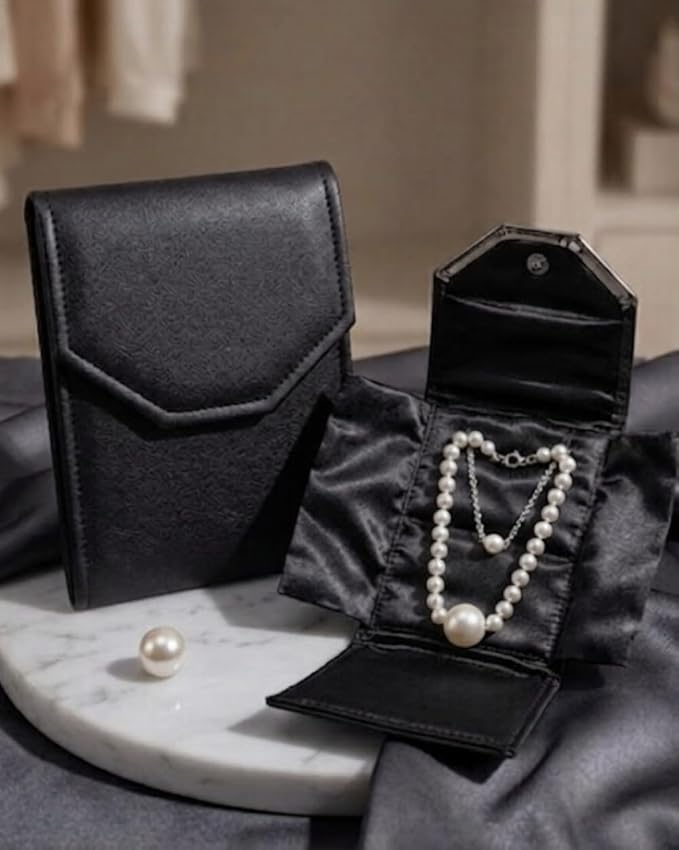 Novel Box Necklace Display Pearl Folder 8x6 inch Large Travel Jewelry Case - Wedding Jewelry Storage Holder with Smooth Finish - Jewelry Organizer Necklace Box - Black/Black Stitched - Image 3