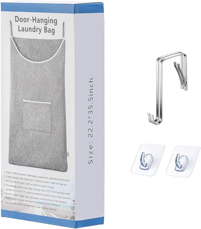 SAVERHO X-Large Hanging Laundry Hamper Bag, Door Hanging Hamper with Front Pocket Dirty Clothes Hanging Laundry Bag Large Size 35X22 inch Door Laundry Basket (Grey) - Image 6