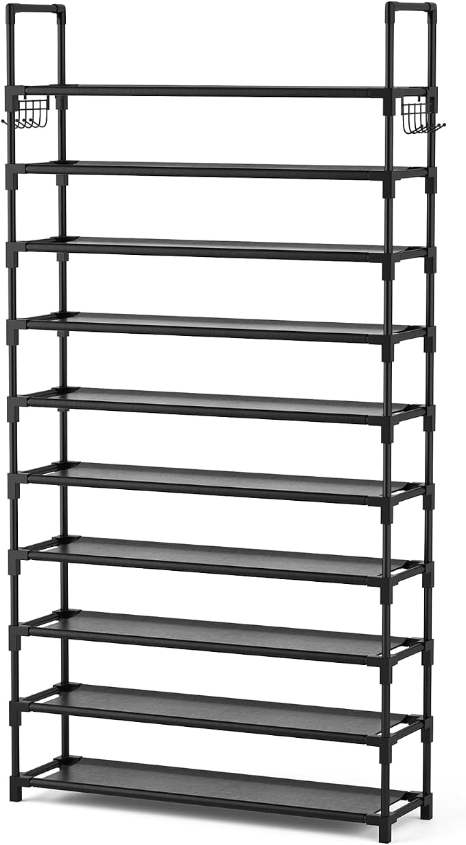 VTRIN 10 Tier Shoe Rack Tall Large Capacity Wide Shoe Organizer with Two Hooks Sturdy Metal Shoe Shelf for Entryway, Closet, Bedroom - Image 9
