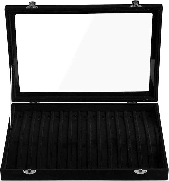 Frebeauty 15 Hooks Necklace Tray Velvet Neckalce Organizer with Clear Lid Lockable Necklace Holder Box Jewelry Organizer for Pendants Chains Necklace Jeweley Tray for Women Girls(Black) - Image 4