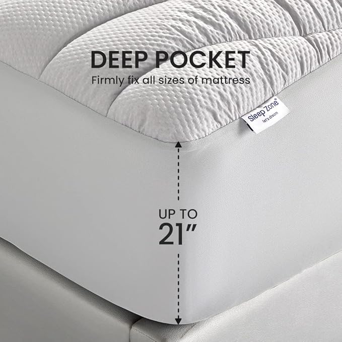 SLEEP ZONE Cooling Mattress Topper Twin XL for College Dorm, Premium Zoned Quilted Mattress Pad, Fitted Mattress Protector Cover Washable, Deep Pocket 8-21 inch, Silver Grey, Twin XL