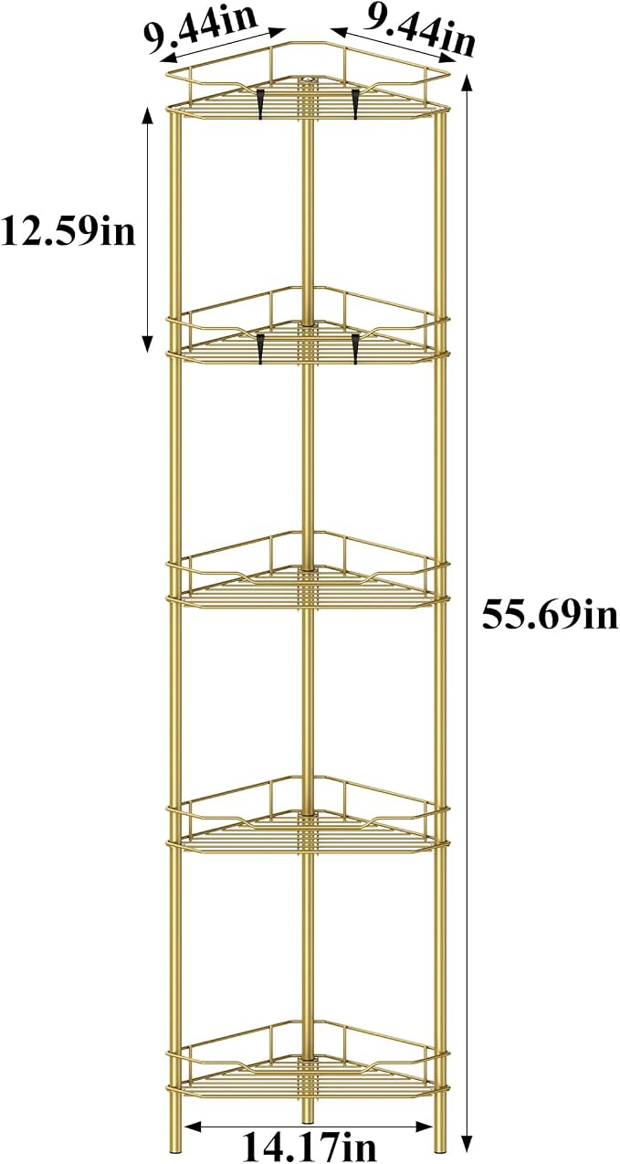 HuggieGems 5 Tier Floor Standing Corner Shower Caddy Organizer Shelf with Hooks, Bathroom Shelves Stand Rack, Gold - Image 7