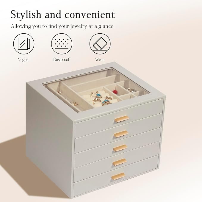 Jewelry Box with Glass Lid, 5-Layer Jewelry Organizer for Women Girls, PU Leather Display Case with 20-Grid Earring Tray & Movable Dividers for Necklaces Rings,Grey - Image 5