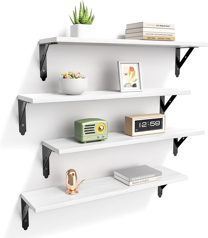 ROMGUAR CRAFT Wood Floating Shelves Set of 4, Rustic Storage Decor Wall Shelves, Wall Mounted Shelf for Living Room, Bedroom 23.6" x 6", White by ROMGUAR+CRAFT