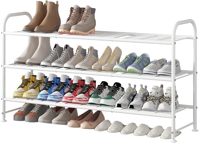 LINZINAR Shoe Rack Long 3 Tier Shoe Storage Organizer Metal Wide Shoe Shelf for Closet Entryway Bedroom 24 Paris Large Capacity, Black (White, 3-Tier) by LINZINAR