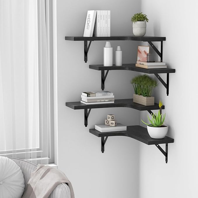 ROMGUAR CRAFT Corner Floating Shelves Wall Mounted Set of 4, Rustic Wood Storage Display Shelves for Home Decor, Bathroom, Kitchen, Bedroom, Living Room, Office (Black) - Image 5