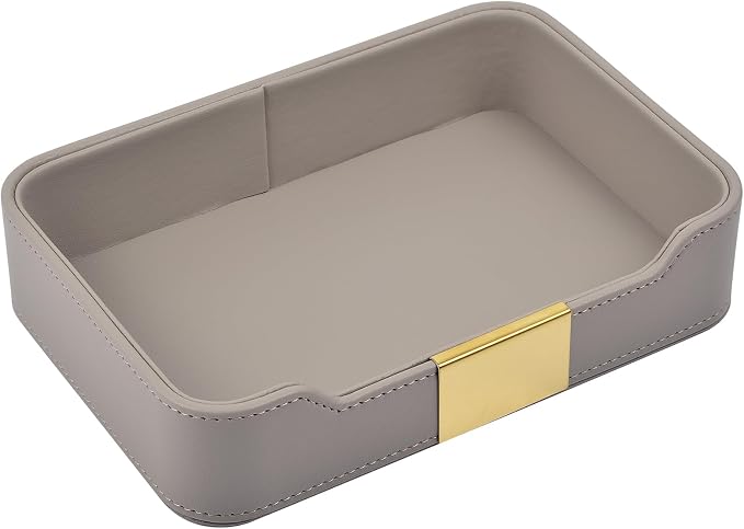 Luxury Leather Valet Tray Desktop Storage Organizer,Bedside Vanity Catchall Tray Nightstand Caddy Holder for Cosmetic,Jewelry,Watch,Keys,Phone,Wallet,Remote Controller,Pen,Gray by RHCSZ