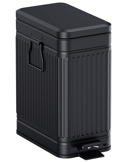 Small Bathroom Trash Can with Lid Soft Close, 6L / 1.6 Gallon Stainless Steel Small Garbage Can with Step Pedal, Slim Waste Basket for Bedroom, Toilet, Office - Black by GibHerz