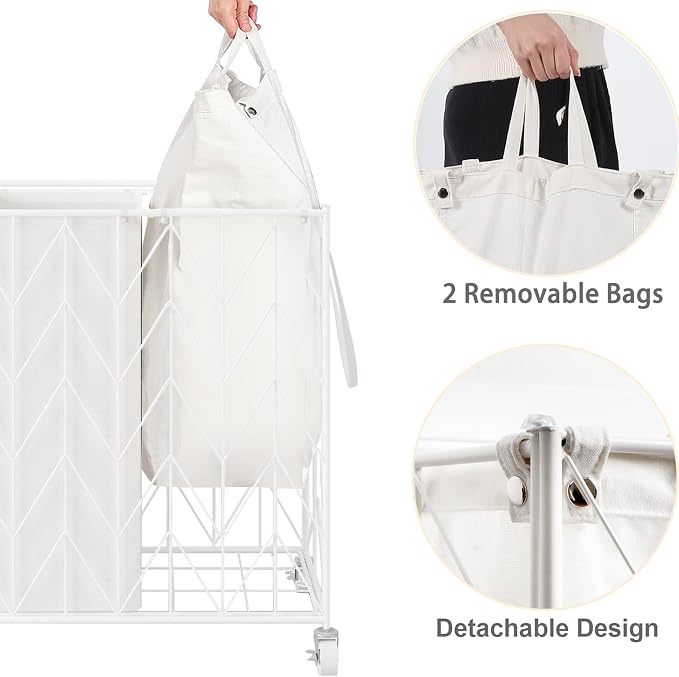 WOWLIVE Laundry Basket with Wheels, Heavy Duty Laundry Hamper with Wood Lid, Clothes Hamper with Divided Removable Liner Bag, Large Capacity Iron-Made Laundry Sorter Laundry Room Organization (White) - Image 5