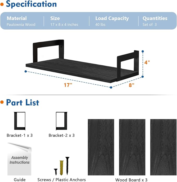 Harwaya Wall Mounted Bookshelf, Floating Bookshelves for Bedroom, 17 Inches Long Wall Mount Book Shelves for Living Room Office Books, Black Wall Book Holder Bookcase (Set of 3) - Image 3