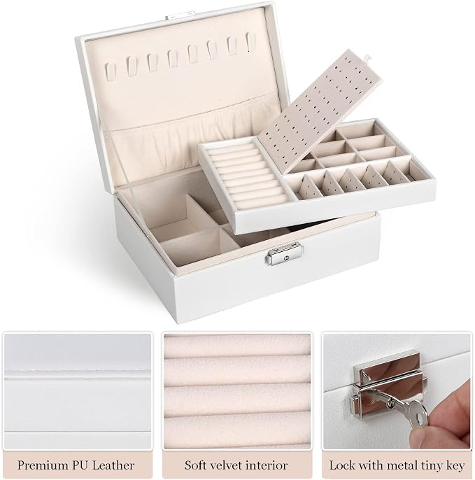 Jewelry Box for Women Girls, 2 Layers Jewelry Organizer Container with Lock, PU Leather Storage Case with Removable Tray, Jewelry Display Box for Necklaces Earrings Bracelets Rings Watches - White - Image 4