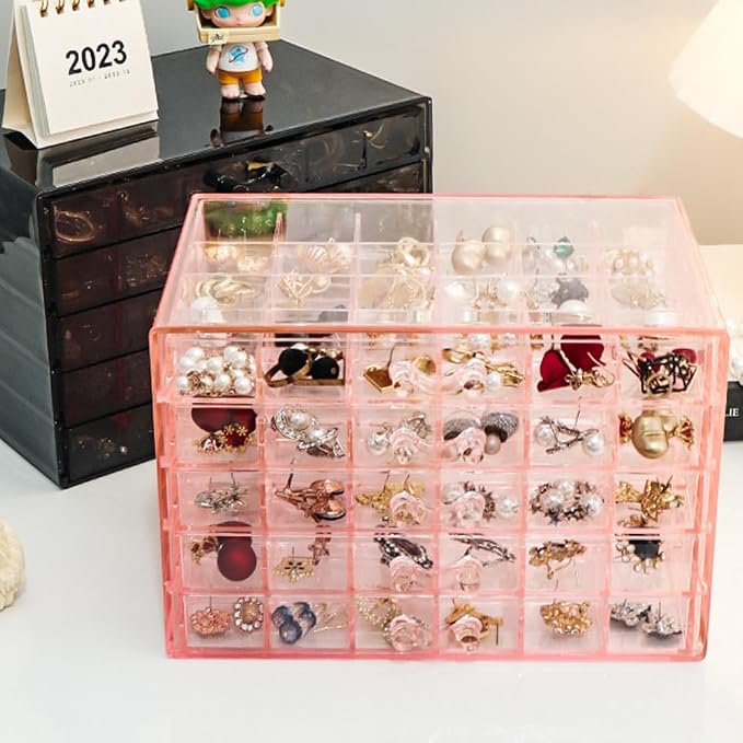 YUFONG Earring Storage Box Organizer, Acrylic Jewelry Storage Box Holder 5 Drawers Transparent Jewelry Display Stand with 120 Small Compartments Gift Boxes for Women Girls (Clear Pink) - Image 3