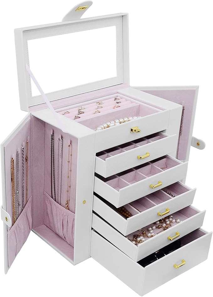 AKOZLIN Extra Large 6-Tier Jewelry Box Organizer with Mirror, 5 Drawers Leather Jewelry Storage Case for Women Girls Ring Necklace Earring Bracelet White - Image 9