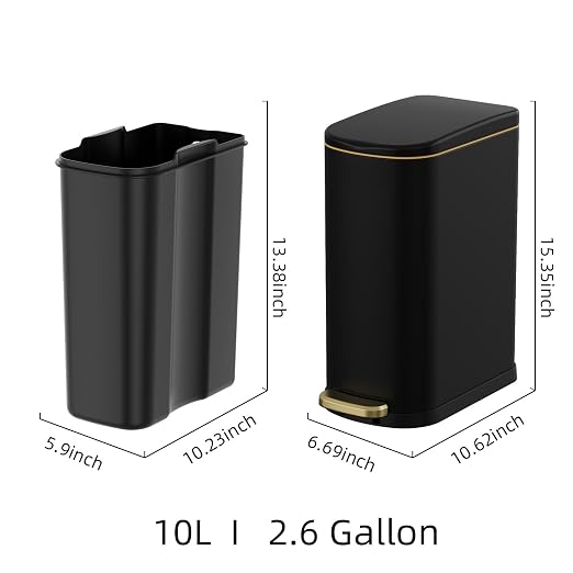 KSSKSS 2.6 Gallon Slim Bathroom Trash Can with Soft Close Lid, 10L Stainless Steel Garbage Can with Removable Liner Bucket, for Narrow Spaces, Bathroom, Bedroom (Matt Black) - Image 5