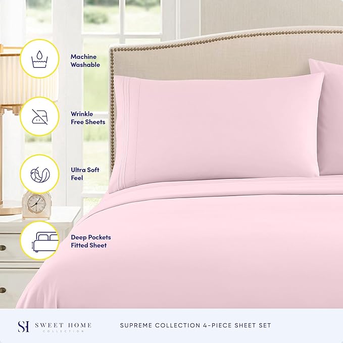 Split King Sheets - Breathable Luxury Sheets with Full Elastic & Secure Corner Straps Built In - 1800 Supreme Collection Extra Soft Deep Pocket Bedding Set, Sheet Set, Split King Size, Pale Pink