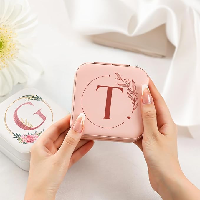 SANDJEST Personalized Jewelry Box, Pink Small Travel Jewelry Box with Initial T, Monogrammed Jewelry Case Organizer for Girls Women Teen, Mini Travel Essentials Gifts for Christmas Birthday - Image 4