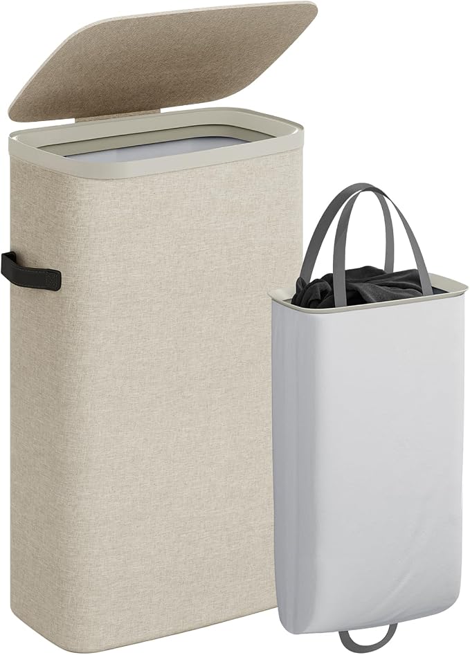 CASAMAYA Laundry Basket with Lid, Laundry Hamper 100L, collapsible Laundry Organizer, Easy Assembly, with Handles and Removable Liners, 16.5 x 12.6 x 29.5 Inches, Beige JSP902M by Unknown