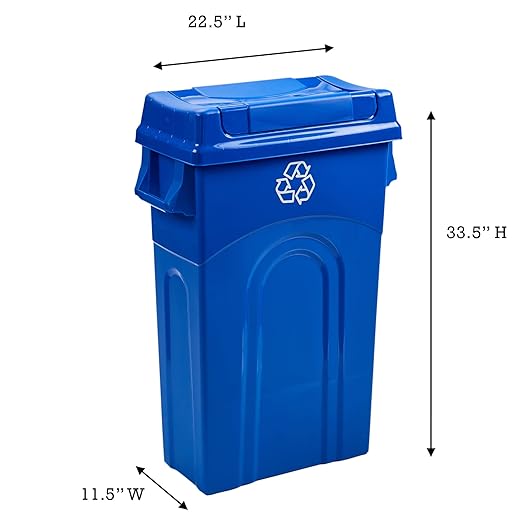 United Solutions 23 Gallon Highboy Plastic Recycling Bin Kitchen Trash Can with Lid, Pass Through Handles, and Dustpan Edge, Blue - Image 2