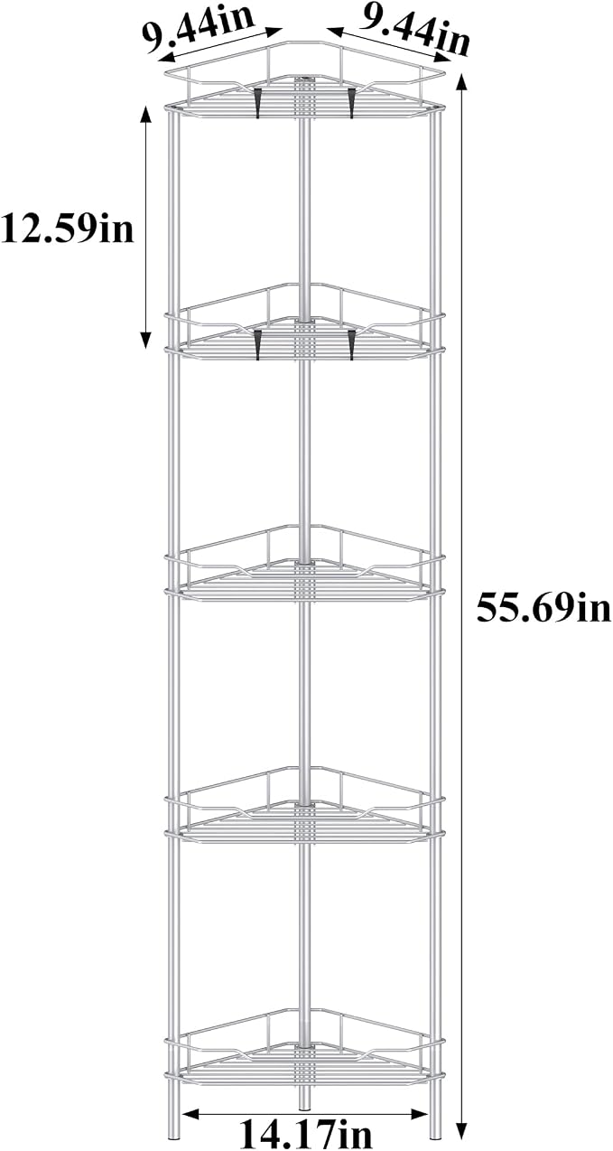 HuggieGems 5 Tier Floor Standing Corner Shower Caddy Organizer Shelf with Hooks, Bathroom Shelves Stand Rack, Silver - Image 4