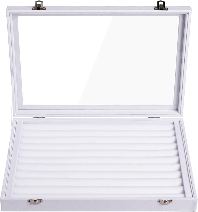 Frebeauty Rings/Earrings Organizer Tray with Clear Lid 10 Slots Velvet Drawer Insert Jewelry Storage box Transparent Glass lid Jewelry Display Case Showcase Gift for Girls Women (White, 10 Slots) - Image 4